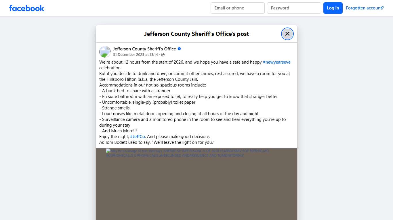 We're about 12 hours... - Jefferson County Sheriff's Office Facebook